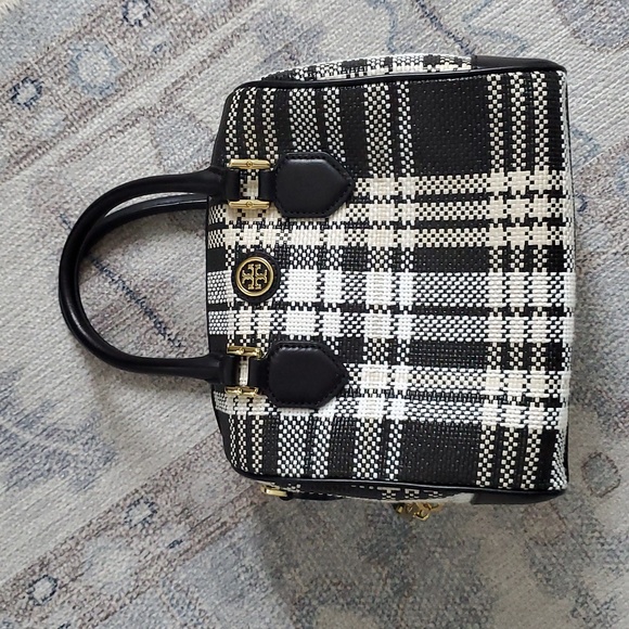 Tory Burch Robinson Plaid Boston Satchel Bag Purse with Crossbody Strap - Picture 3 of 16